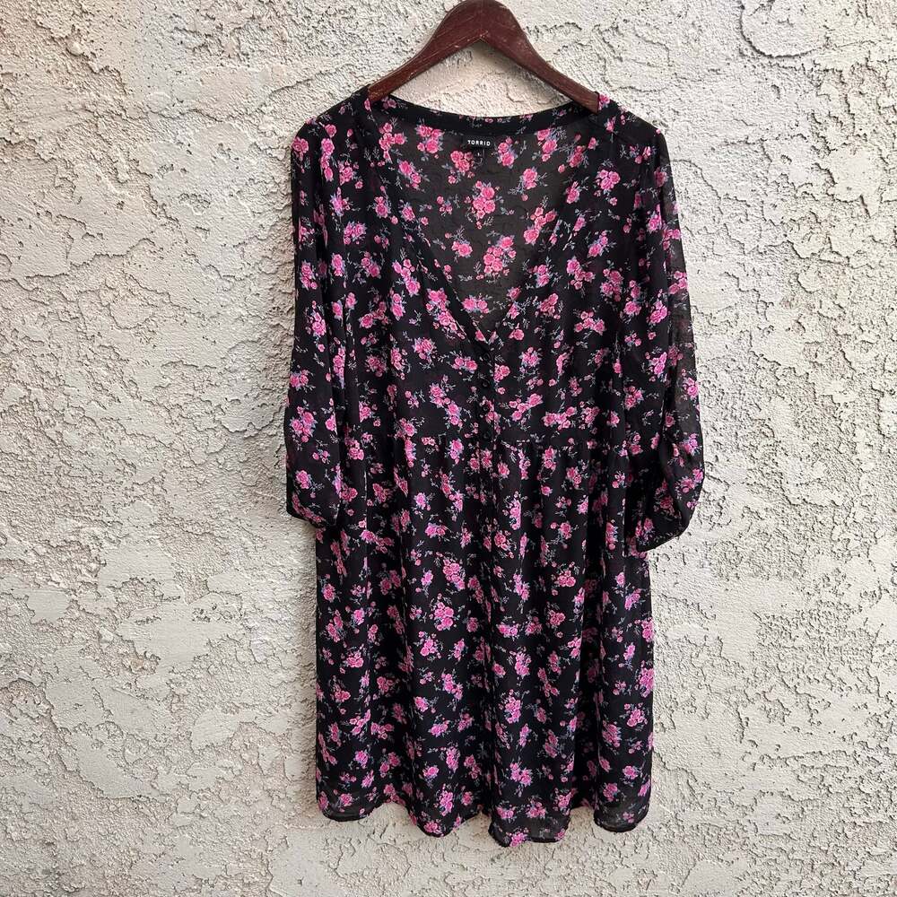 Torrid Black Pink Rose Floral Babydoll Chiffon Dress Size 1 (1X)